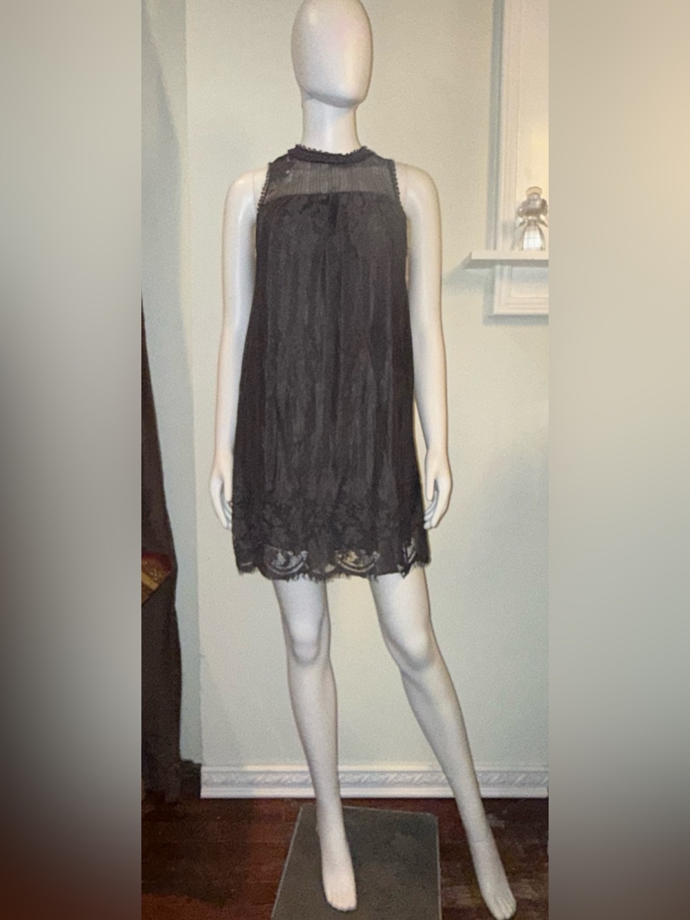 Gray Lace High-Neck Mini Dress